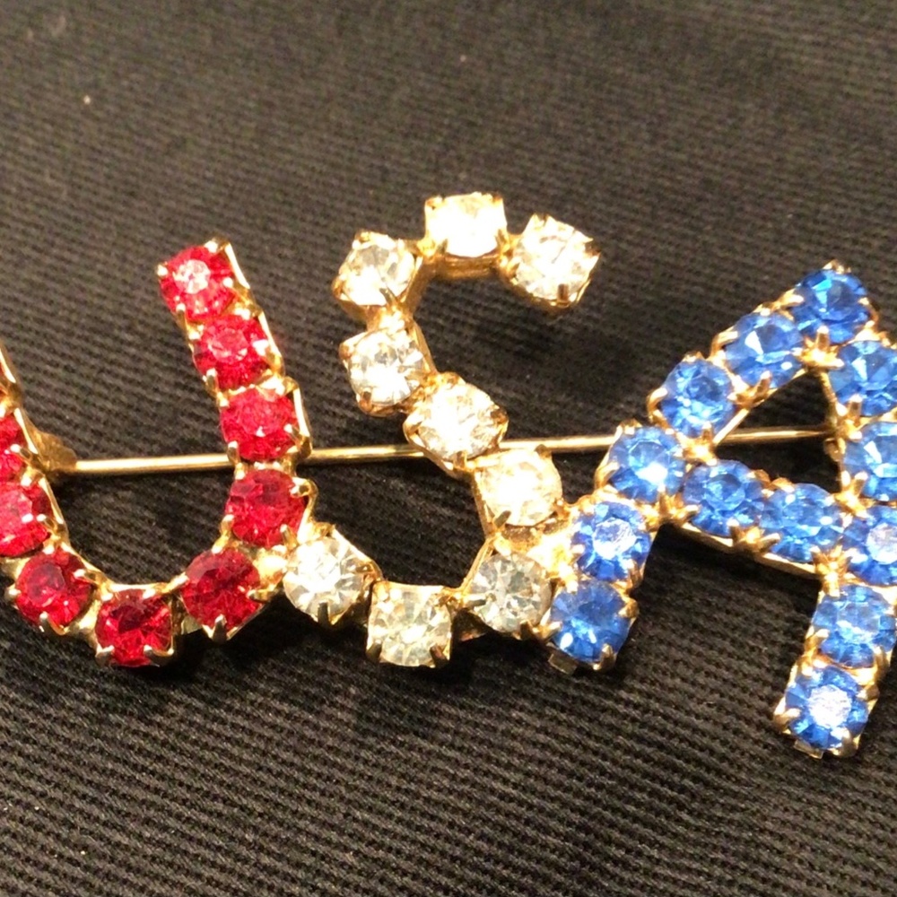 Vintage U.S.A. Red, White & Blue Rhinestone Gold Tone Brooch - Unsigned